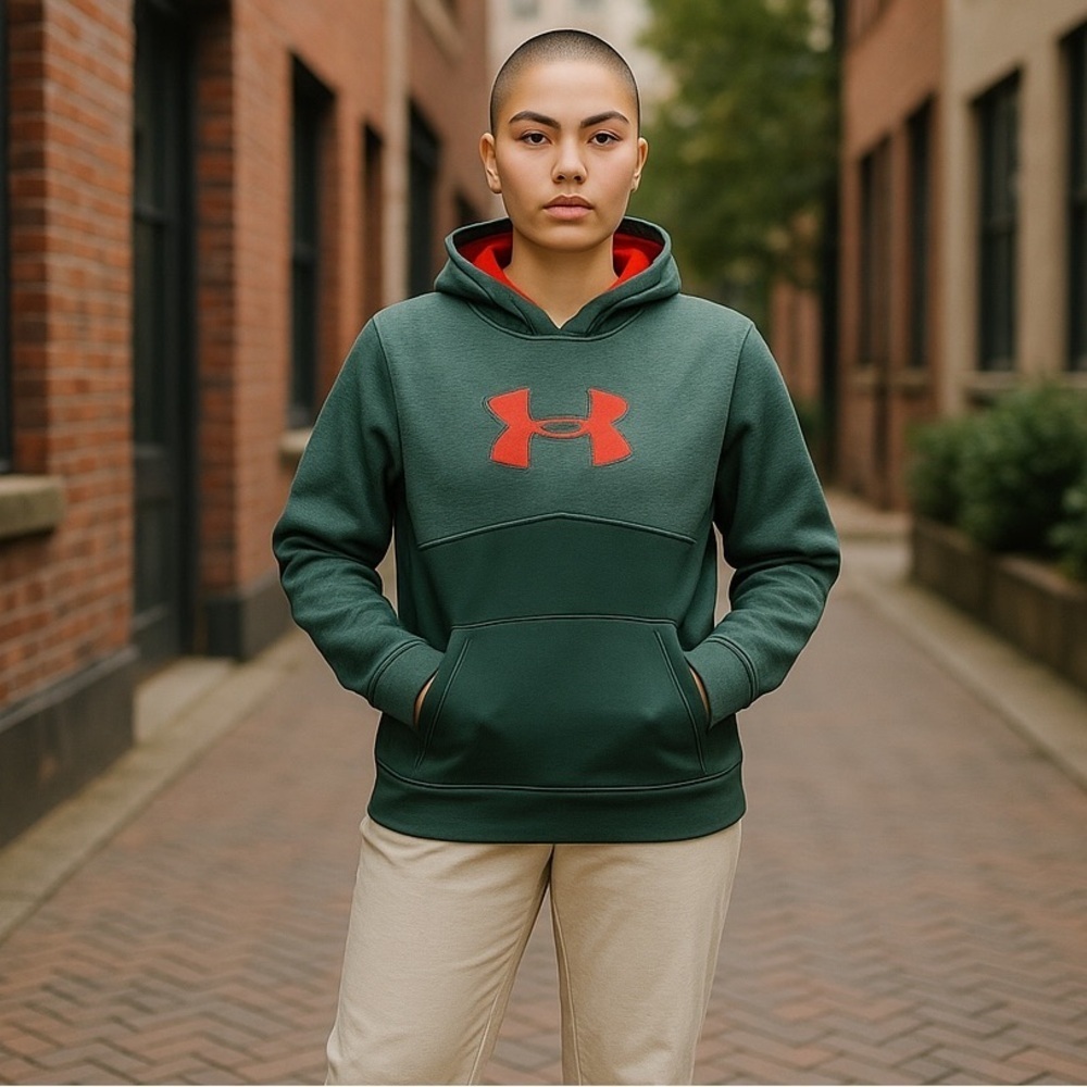 UNDER ARMOUR Men's Loose Fit Olive Green Hoodie With Orange Chest Logo Sz Md/M